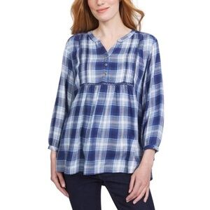 Wrangler Plaid Pintuck V-Neck 3/4 Sleeve Viscose Top Size Small Indigo Blue NWT